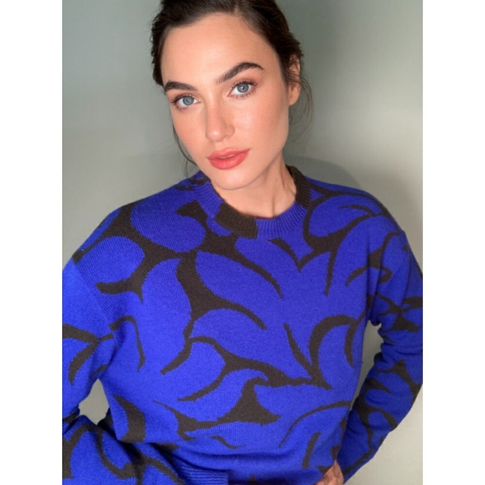 Stella McCartney Bright Blue & Brown Abstract Floral Print Sweater Wool Sz 42 L